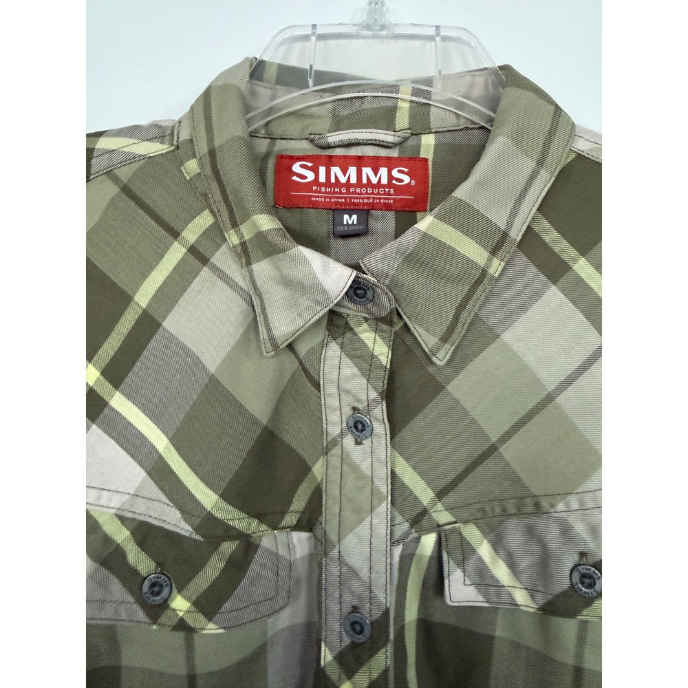 Simms Plaid Button Down Shirt Women Medium Olive Green Wool Blend Fishing Hiking